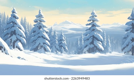 Snowy Mountains and Hills, with Pine and Fir Trees Scenery During Dusk Detailed Hand Drawn Painting Illustration