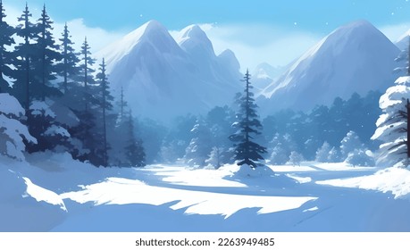 Snowy Mountains and Hills, with Pine and Fir Trees Scenery During The Day Detailed Hand Drawn Painting Illustration