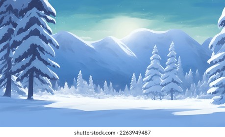 Snowy Mountains and Hills, with Pine and Fir Trees Scenery During The Day Detailed Hand Drawn Painting Illustration