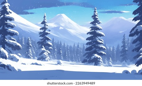 Snowy Mountains and Hills, with Pine and Fir Trees Scenery During The Day Detailed Hand Drawn Painting Illustration