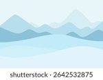 Snowy mountains, hills, snowdrifts. Winter frosty background in blue shades, flat design, vector illustration, hand-drawn. Graphic Christmas Landscape Background Element for Banner, Design, Decoration