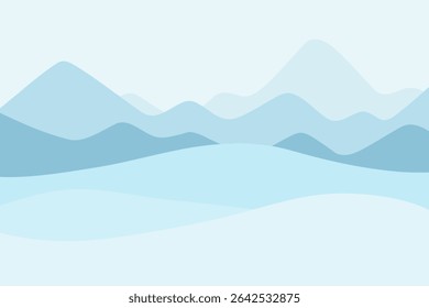 Snowy mountains, hills, snowdrifts. Winter frosty background in blue shades, flat design, vector illustration, hand-drawn. Graphic Christmas Landscape Background Element for Banner, Design, Decoration