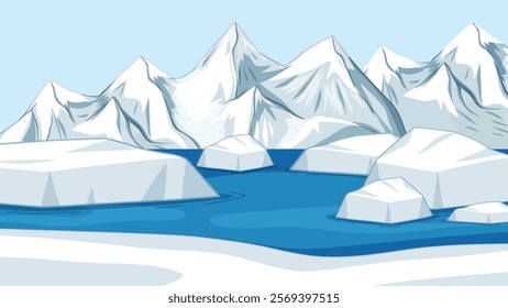 Snowy mountains and icebergs in a tranquil scene