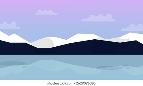 Snowy Mountains and Lake at Dusk – Minimal Flat Vector Landscape