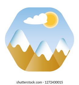 Snowy mountains landscape with blue sky, cloud and sun. Concept of nature, health, travel, winter, extreme sports and escape. Hexagonal icon design.