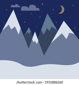 Snowy mountains landscape in flat cartoon style. Night time, moon and stars. Vector illustration