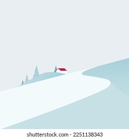 Snowy mountains landscape with house on hill in minimalist style, mountains, landsacpe vector illustration