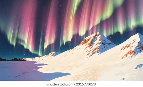 Snowy Mountains Landscape with Northern Lights Aurora in The Night Sky Pastel Vibrant Colors Hand Drawn Painting Illustration