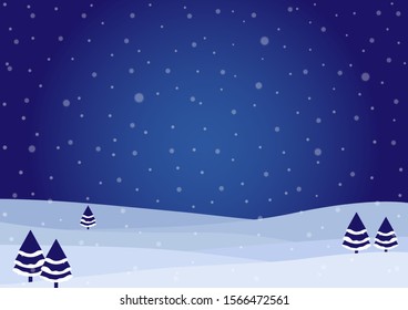 Snowy mountains landscape with pine trees in winter on blue background with copy space for season's greetings card, banner, poster. Holiday, Christmas and New Year concept. Vector illustration.