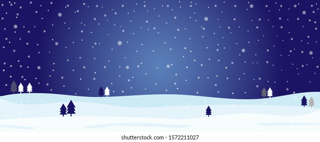 Snowy mountains landscape with pine trees in winter on blue background with copy space for season's greetings card, banner, poster. Holiday, Christmas and New Year concept. Vector illustration.