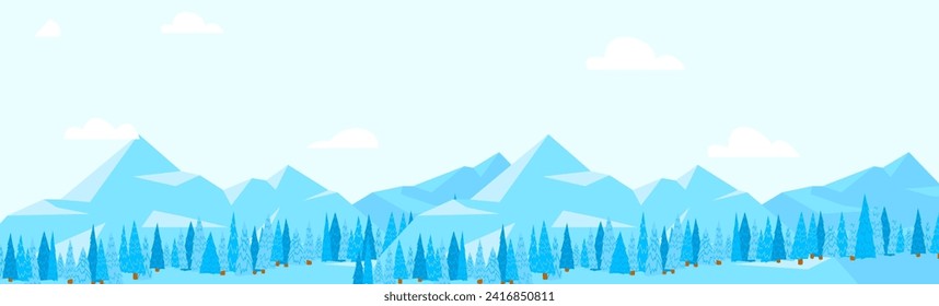 Snowy mountains landscape with pine trees and cloudy sky. Peaceful winter nature scene vector illustration.