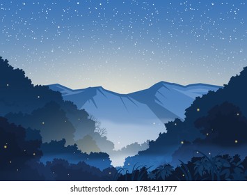 Snowy mountains landscape under the bright stars. Dark forest with glow worms.