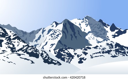 Snowy mountains landscape. Vector illustration. Outdoor background.