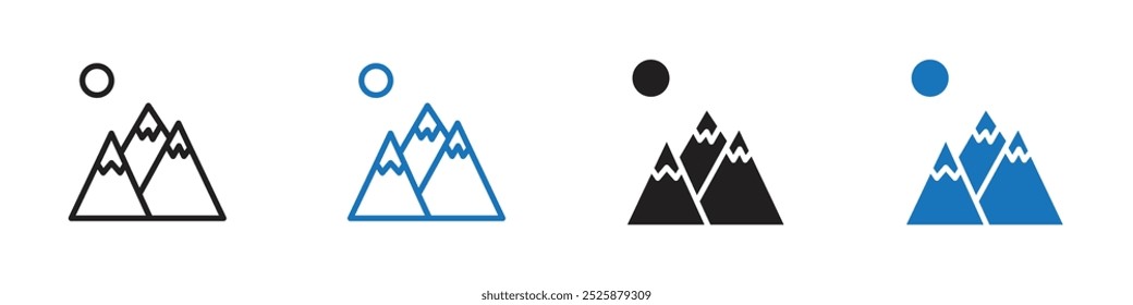 Montanhas nevadas e ícone de lua gráficos lineares definem vetor em preto