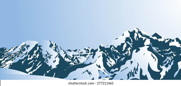 Snowy mountains in the morning. Vector illustration