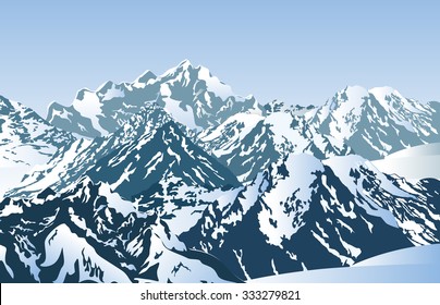 Snowy mountains in the morning. Vector illustration of winter mountain peaks.