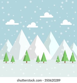 Snowy Mountains Peak with woods and falling snow from the sky flat style illustration