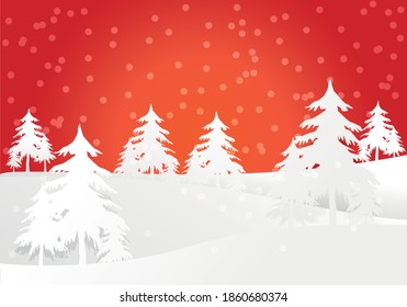 Snowy mountains and pine trees with red background.