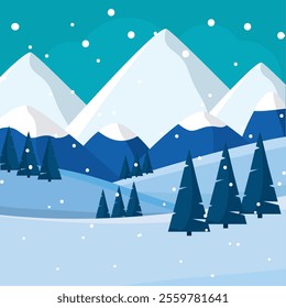 Snowy mountains and pine trees under falling snow Vector