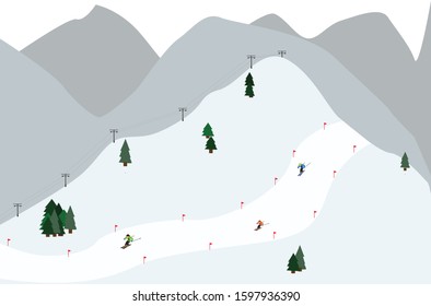 Snowy mountains and slopes at ski resort at winter season. Winter sporst flat design, vector.