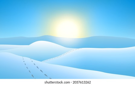 Snowy mountains at sunset. Blue winter landscape vector illustration.