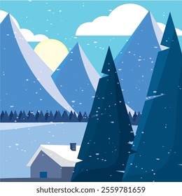 Snowy mountains with tall pine trees and sunrise Vector