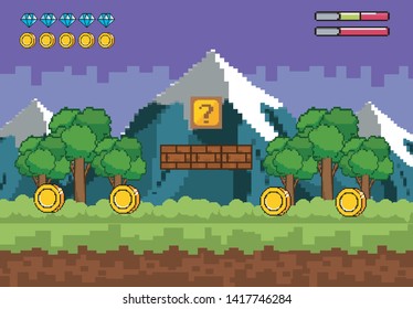 snowy mountains with trees and coins with life bars
