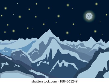 Snowy mountains under a starry sky at night landscape. 