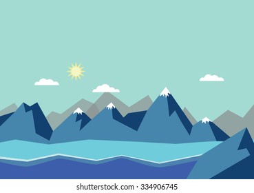 Snowy mountains with white cloud and ice ground