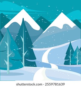 Snowy mountains and winding road through pine forest Vector