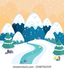 Snowy mountains and winding stream in winter, Vector