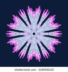 Snowy neon mandala in pink aurora palette on inky midnight blue background. Separate use. An example of a color scheme. Vector.