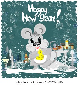 Snowy New Year card with the image of a funny cartoon mouse with a piece of cheese. Vector on a blue background with trees, houses, patterns and snowflakes.