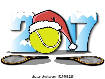Snowy New Year numbers 2017 and tennis ball in a Christmas hat with tennis rackets. Vector illustration