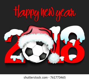 Snowy New Year numbers 2018 and soccer ball in a Christmas hat with football boots. Vector illustration