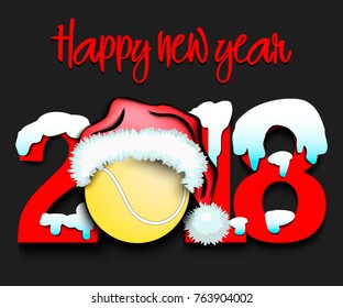 Snowy New Year numbers 2018 and tennis ball in a Christmas hat. Vector illustration