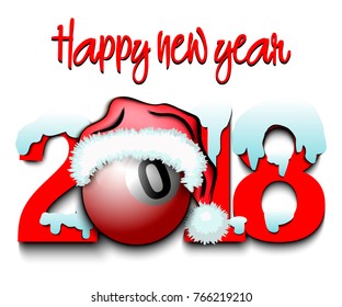 Snowy New Year numbers 2018 and billiard ball in a Christmas hat on the background of the gate. Vector illustration
