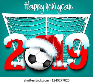 Snowy New Year numbers 2019 and soccer ball in a Christmas hat on the background of the gate. Creative design pattern for greeting card, banner, poster, flyer, party invitation. Vector illustration
