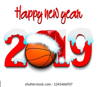 Snowy New Year numbers 2019 and basketball ball in a Christmas hat on an isolated background. Creative design pattern for greeting card, banner, poster, flyer, party invitation. Vector illustration