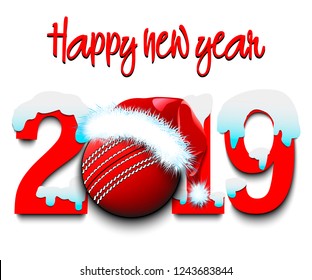 Snowy New Year numbers 2019 and cricket ball in a Christmas hat on an isolated background. Creative design pattern for greeting card, banner, poster, flyer, party invitation. Vector illustration