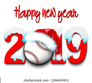 Snowy New Year numbers 2019 and baseball ball in a Christmas hat on an isolated background. Creative design pattern for greeting card, banner, poster, flyer, party invitation. Vector illustration