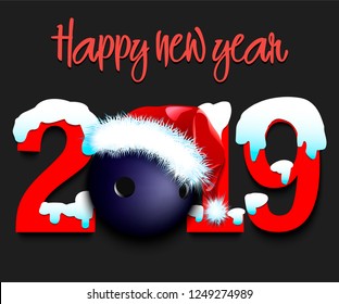 Snowy New Year numbers 2019 and bowling ball in a Christmas hat on an isolated background. Creative design pattern for greeting card, banner, poster, flyer, party invitation. Vector illustration