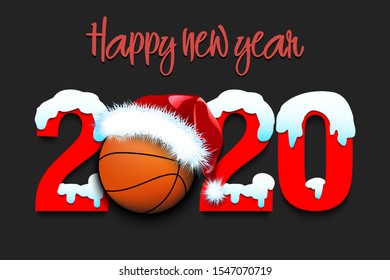 Snowy New Year numbers 2020 and sbasketball ball in a Christmas hat. Creative design pattern for greeting card, banner, poster, flyer, party invitation. Vector illustration