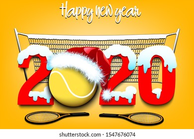 Snowy New Year numbers 2020
 and tennis ball in a Christmas hat with tennis rackets on the background of the mesh. Creative design pattern for greeting card, banner, poster, flyer. Vector illustration