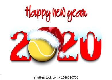 Snowy New Year numbers 2020 and tennis ball in a Christmas hat on an isolated background. Creative design pattern for greeting card, banner, poster, flyer, party invitation. Vector illustration
