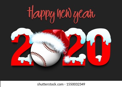 Snowy New Year numbers 2020 and baseball ball in a Christmas hat on an isolated background. Creative design pattern for greeting card, banner, poster, flyer, party invitation. Vector illustration