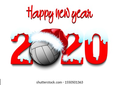 Snowy New Year numbers 2020 and volleyball ball in a Christmas hat on an isolated background. Creative design pattern for greeting card, banner, poster, flyer, party invitation. Vector illustration