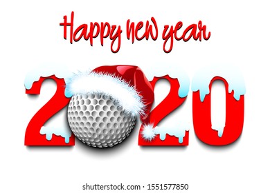 Snowy New Year numbers 2020 and golf ball in a Christmas hat on an isolated background. Creative design pattern for greeting card, banner, poster, flyer, party invitation. Vector illustration