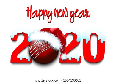 Snowy New Year numbers 2020 and cricket ball in a Christmas hat on an isolated background. Creative design pattern for greeting card, banner, poster, flyer, party invitation. Vector illustration