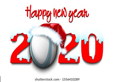 Snowy New Year numbers 2020 and rugby ball in a Christmas hat on an isolated background. Creative design pattern for greeting card, banner, poster, flyer, party invitation. Vector illustration